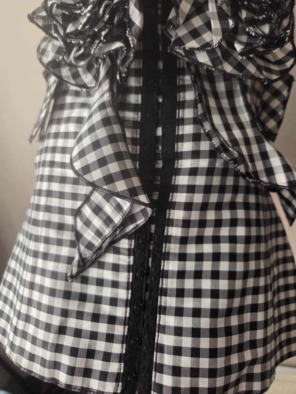 Anne Fontaine Black & White Gingham Floral Halter Crop Top - Picture 4 of 8